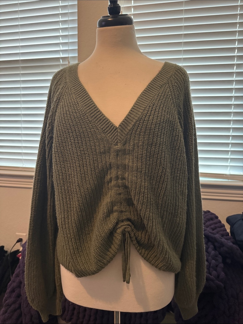 SO Olive Green V-Neck Drawstring Ruched Sweater